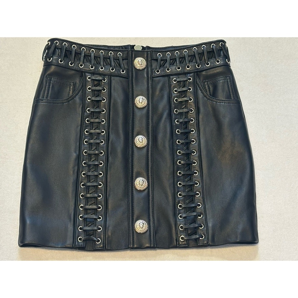 Comstock Real Lambskin Leather Lace-Up Lion Head Gold Button Mini Skirt Black